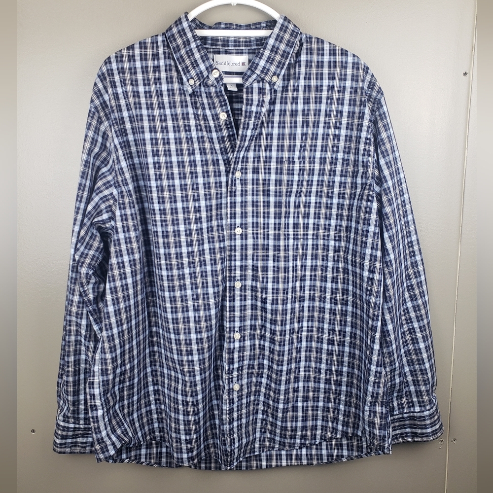 Saddlebred Mens Classic Fit Blue Plaid Long Sleeve Button Down Shirt Stretch